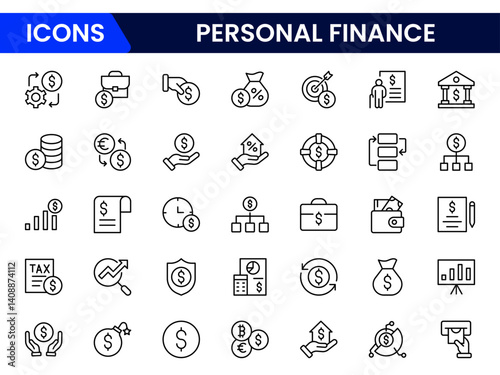 Vector illustration web line icon collection featuring personal finance symbols like budgeting, savings, investments, tax, credit, financial planning, wallet, and calculator.