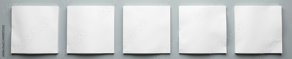 Array of white sheets positioned against matte grey surface, copy space, office supplies, presentation Array of white sheets positioned against matte grey surface, copy space, office supplies, presentation