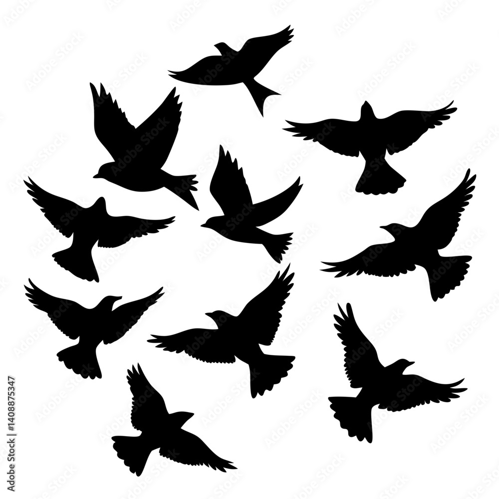 Obraz premium Silhouette Of Flying Birds A Flock Of Birds In Flight Symbolic Of Freedom And Peace Design Element