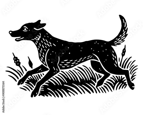 Black Dog Running Through Tall Grass Vector Illustration With Artistic Woodcut Style For Design