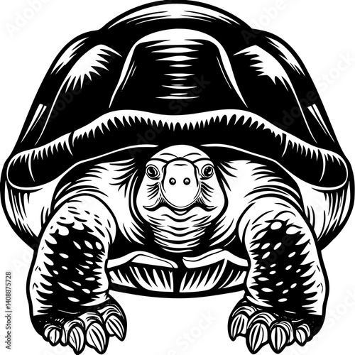 Detailed Monochrome Vector Graphic Of A Turtle Facing Forward Displaying Intricate Shell And Skin Textures Emphasizing Nature And Wildlife