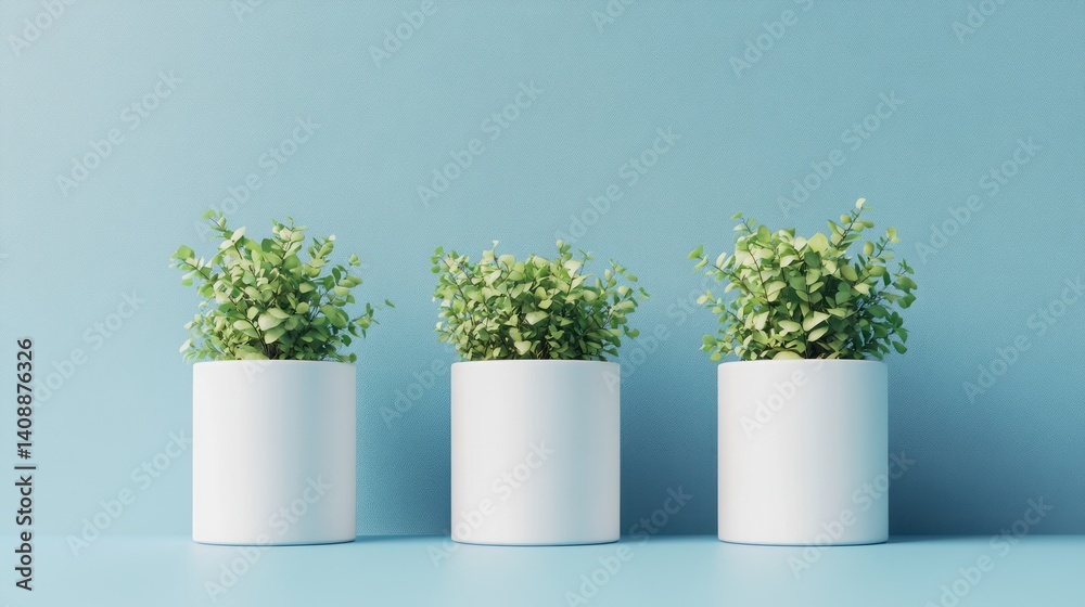Fototapeta premium Three potted plants, minimalist scene, light blue background, simple interior design.