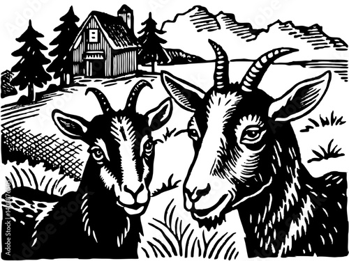 Two Goats Near A Barn With Mountains Black And White Vintage Style Illustration Countryside Farm