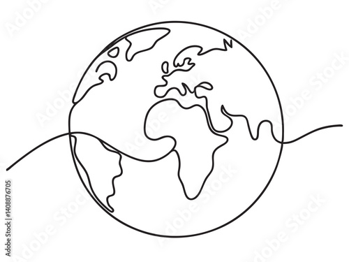Continuous one line art drawing of earth planet, Globe, geography vector outline, Single line illustration of world map