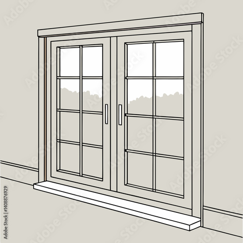 Contemporary Gridded Window Frame Outlining Nature Scene In Minimalist Illustration With Neutral Palette