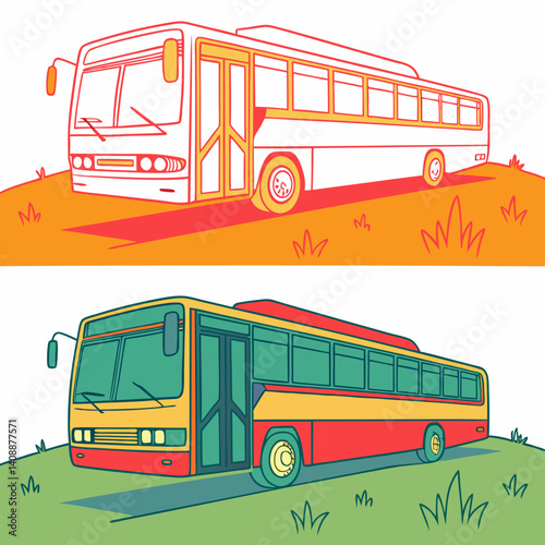 Two Buses On Landscape With Different Color Palettes Illustration For Creative Projects And Designs