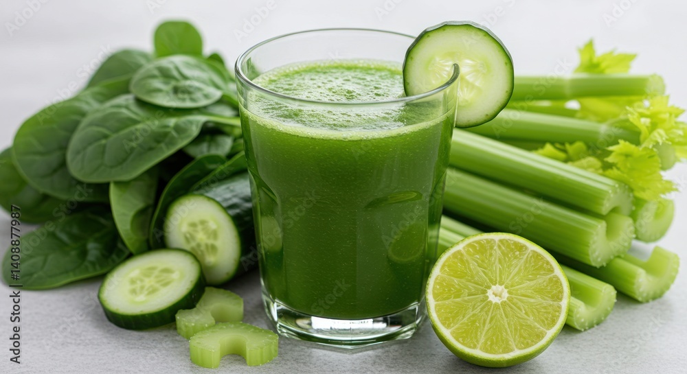 Green juice in glass with spinach celery lime and cucumber still life. Green juice in glass with spinach celery lime and cucumber still life.