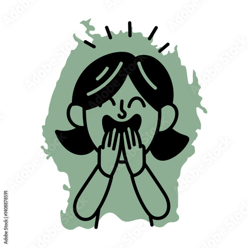 Hand drawn icon showing character holding laugh with hands 
