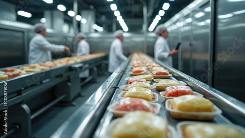 Workers in hairnets oversee the processing of packaged goods on stainless steel conveyor belts, ensuring quality control in a food processing plant.