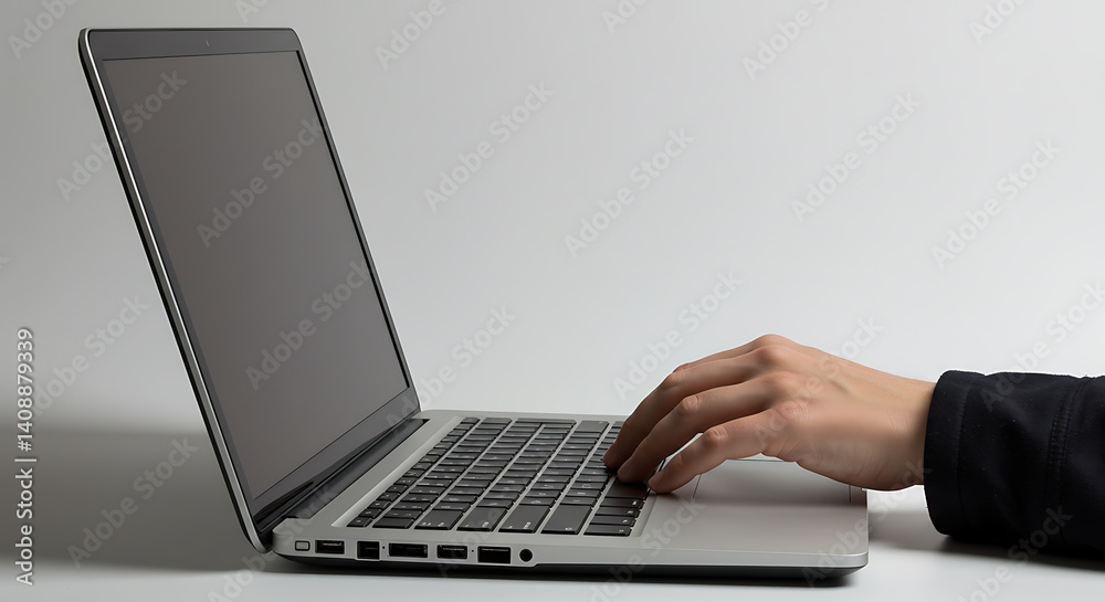 Laptop User: Minimalist composition, hand on keyboard, neutral background. Laptop User: Minimalist composition, hand on keyboard, neutral background.