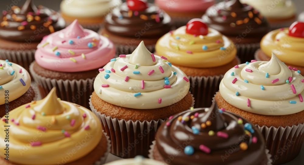 A delightful close-up of assorted cupcakes, showcasing a variety of frostings and sprinkles. Each cupcake is a miniature work of art, tempting and delicious. A delightful close-up of assorted cupcakes, showcasing a variety of frostings and sprinkles. Each cupcake is a miniature work of art, tempting and delicious.