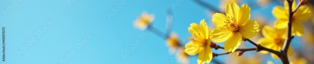 Obraz premium Close up of vibrant yellow buds against clear blue sky, sunny, fresh, blooming