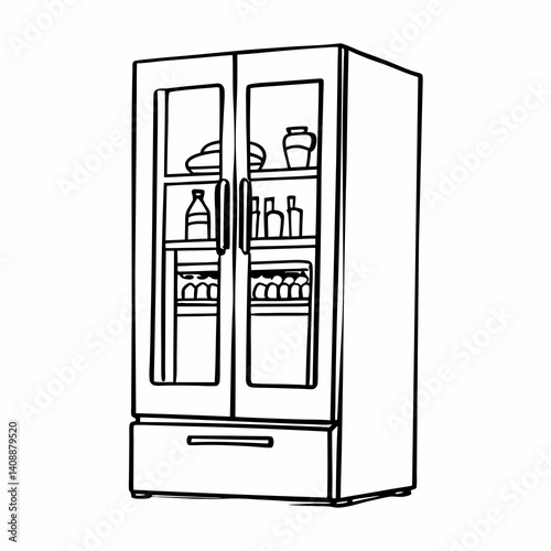 Line Art Illustration Of Refrigerator With Food Container Bottles And Drawer Isolated Against A White Background