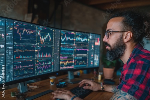 Market analyst monitoring stock trends home office digital workspace tech environment close-up view financial insights