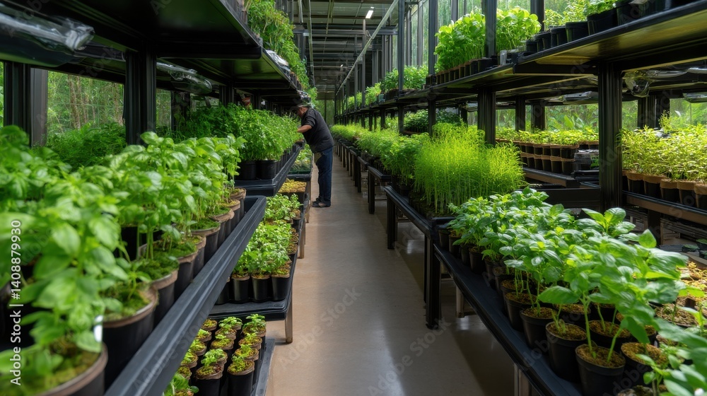 A man is looking at plants in a greenhouse A man is looking at plants in a greenhouse