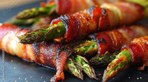 Crispy bacon-wrapped asparagus spears close-up photo