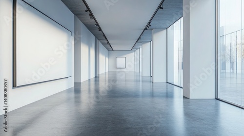 Modern gallery with a blank white wall and concrete grey floor