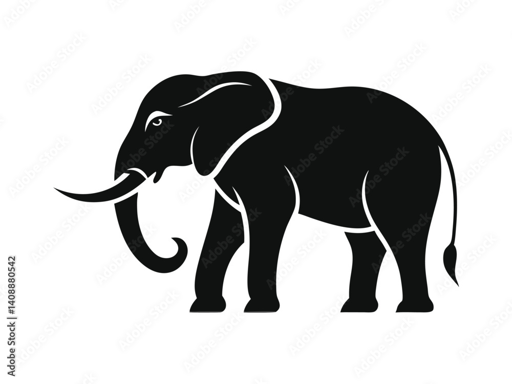 Obraz premium Flat and Minimalist elephant icon of silhouette black vector illustration on white background 