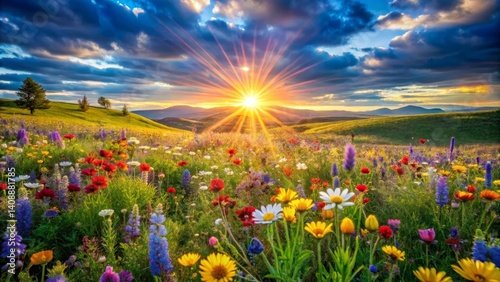 Meadow of Wildflowers at Sunset