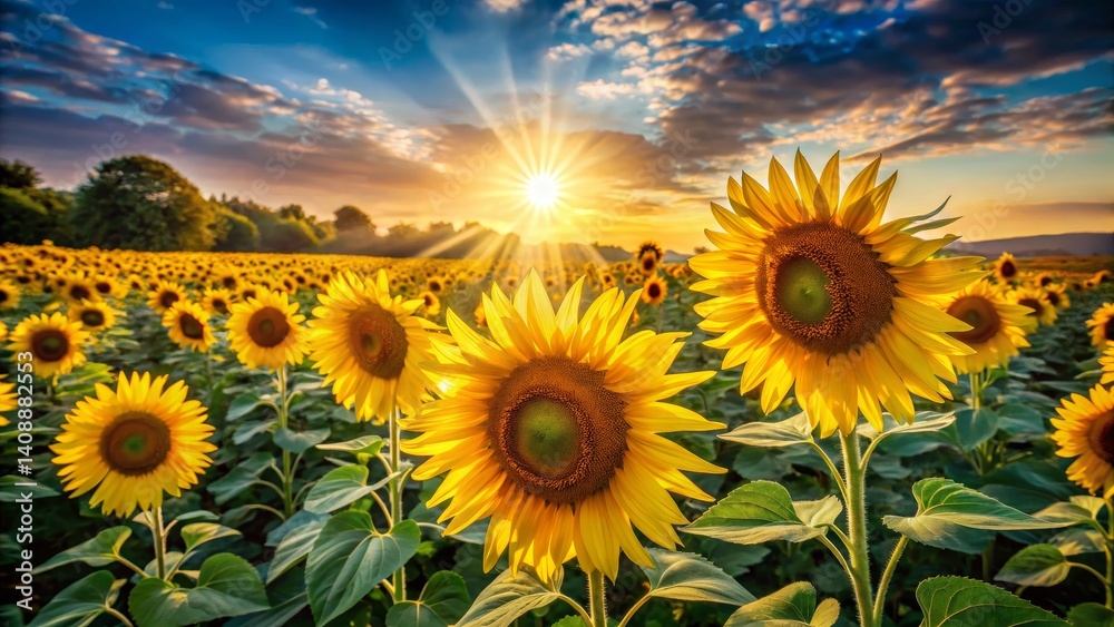 Fototapeta premium Sunflower Field at Golden Sunset