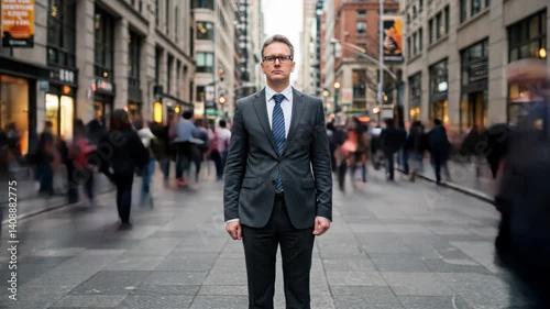footage video businessman standing still in the middle of the busy crowded at city street