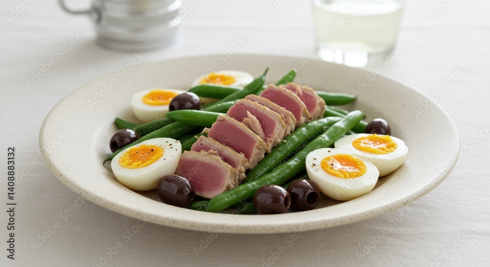 Tuna salad with green beans eggs and olives on a white plate. Tuna salad with green beans eggs and olives on a white plate.
