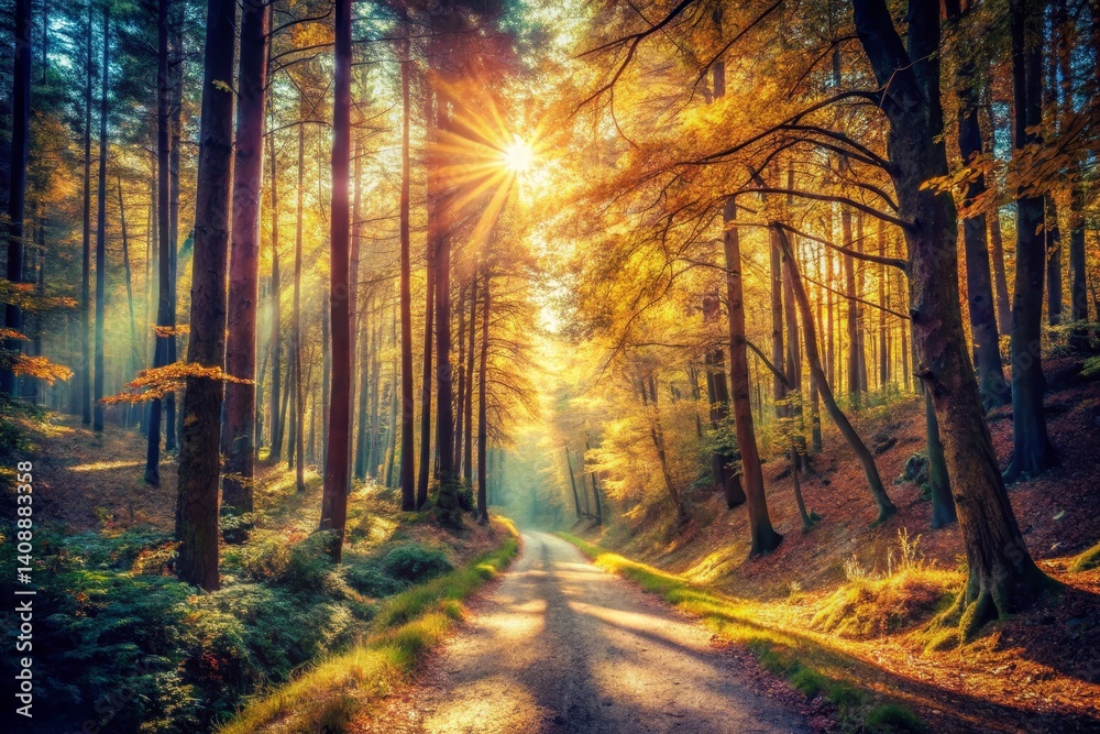 Fototapeta premium Sunlit Path Through Autumn Forest