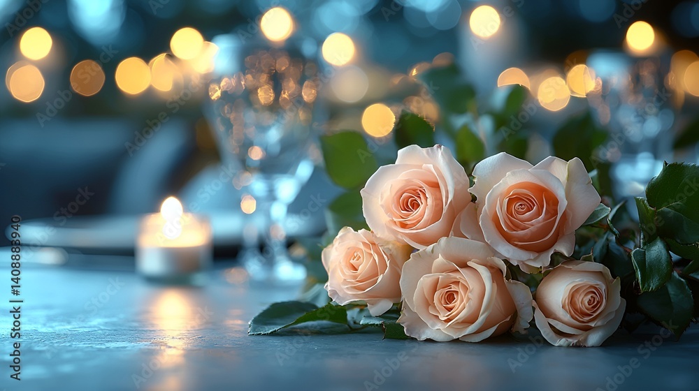 Obraz premium Romantic peach roses on a table with candlelight.