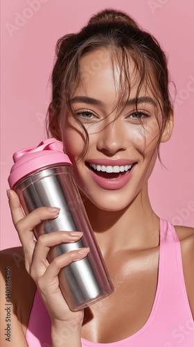 A woman holding a shaker bottle in her hand photo