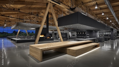 Modern open-plan interior with wood accents, suspended features, fireplace, and geometric furniture elements