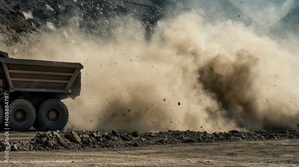 Fototapeta premium Heavy Dump Truck in Mine Site Kicking Up Dust Amidst Rocky Terrain with Mountain Background