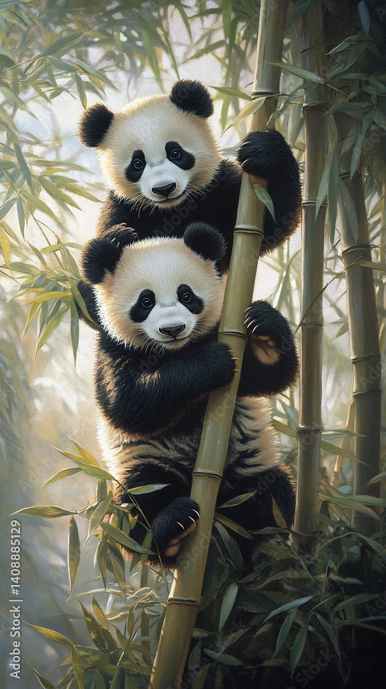 Obraz premium Giant Panda with its cub climbing up a bamboo tree capturing the tender moment with rich details of their fur and the surrounding dense bamboo foliage all lit by the soft glow of morning light