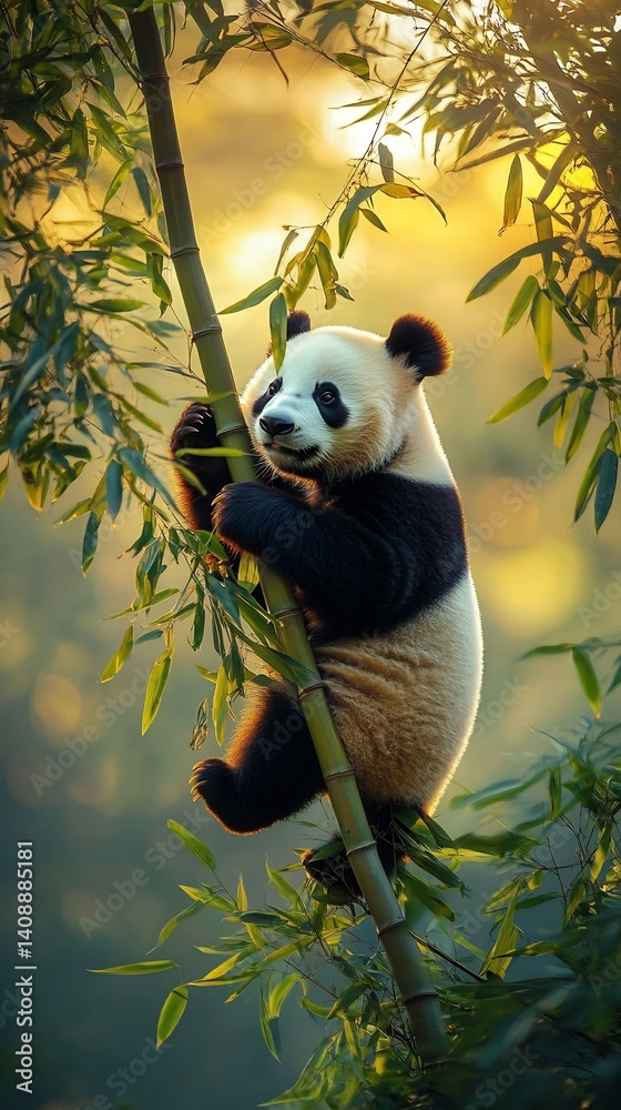 Obraz premium Giant Panda with its cub climbing up a bamboo tree capturing the tender moment with rich details of their fur and the surrounding dense bamboo foliage all lit by the soft glow of morning light