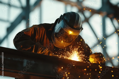 A construction worker welding a steel frame for a new building. Featuring welding and steelwork