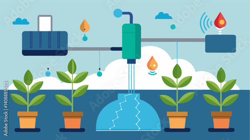Smart irrigation systems use advanced sensors to regulate water levels in aquaponic growing beds conserving water while providing the necessary nutrients for plant growth.. Vector illustration