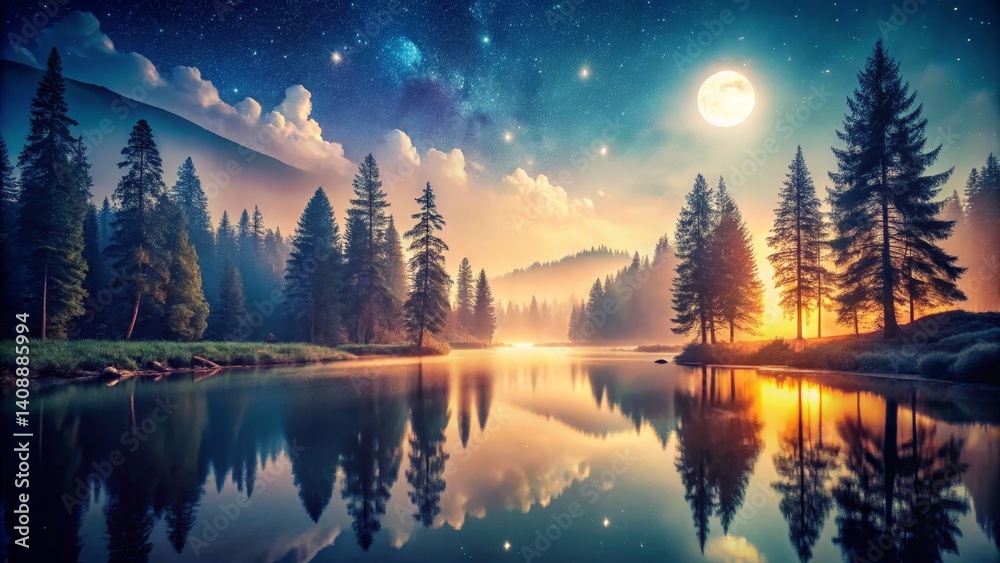 Fototapeta premium Tranquil Lake Reflection at Night