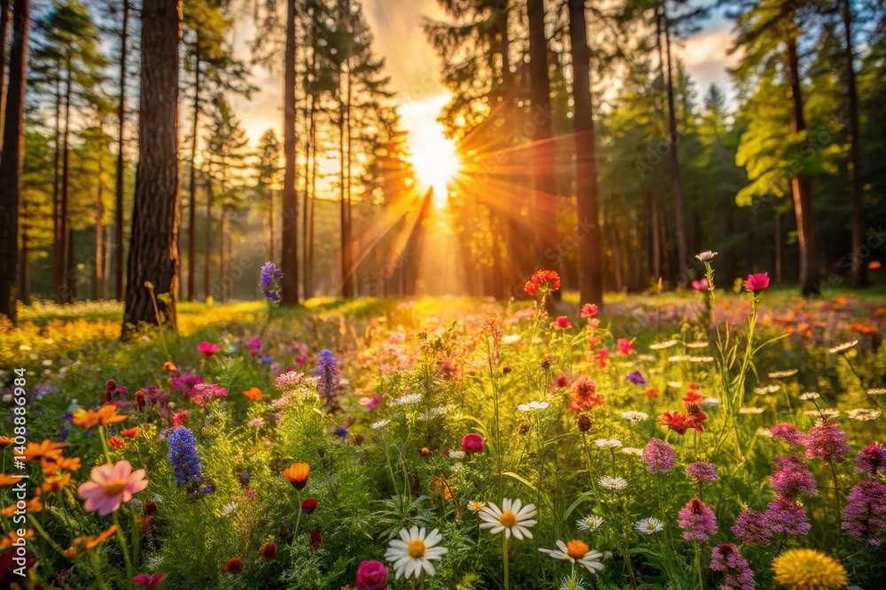 Obraz premium Sunlit Meadow with Wildflowers in Forest
