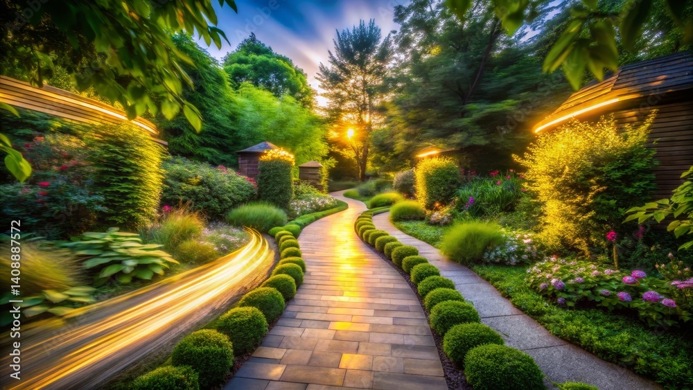 Obraz premium Serene Garden Pathway with Light Streaks
