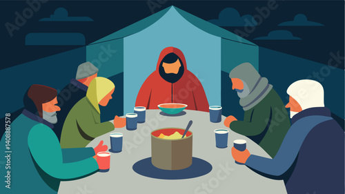 Inside a bones shelter a group of homeless individuals sit around a makeshift dinner table their nightly meal consisting of nothing more than a can of soup and a handful of. Vector illustration