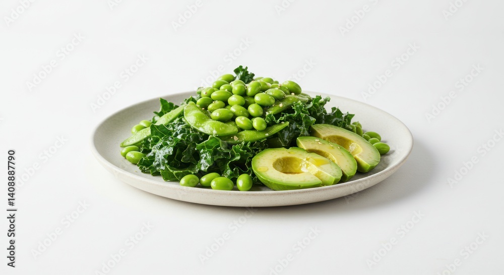Plate of green salad with avocado and edamame on a white background. Plate of green salad with avocado and edamame on a white background.
