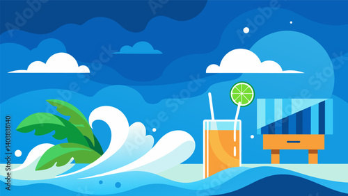 Deep blue ocean waves crashing in the background as a beachside bar serves up glasses of mojitos garnished with a sprig of mint.. Vector illustration
