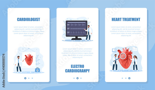 Cardiology banner set. Heart exam and treatment. Male cardiologist make diagnosis and choose therapy. ECG concept. Vector illustration in flat cartoon style. Prevention of heart diseases.