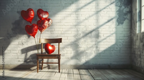 Romantic Heart Balloons and Chair in a Brick Room