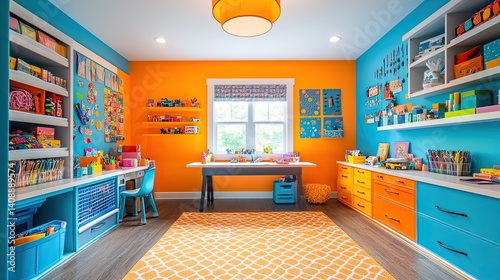 Vibrant craft room featuring organized storage, bright colors, and a spacious worktable for creativity. 