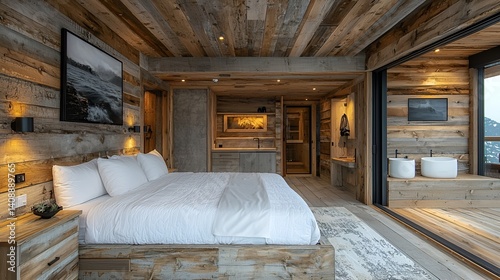 Luxurious rustic bedroom with mountain view, wooden walls, king bed, and ensuite bathroom.