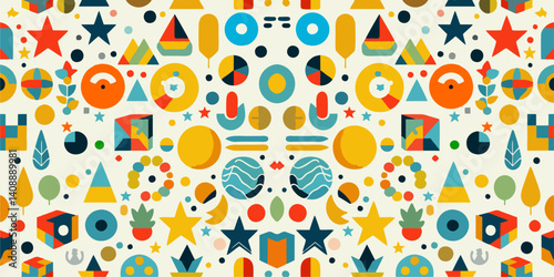 Fun and colorful seamless pattern collection featuring geometric shapes such as circles, triangles, squares, and stars. Designed for children, with a playful and cheerful vibe