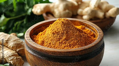 Ground Ginger and Turmeric in Wooden Bowl