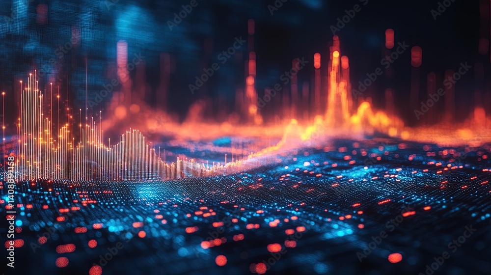 Obraz premium A glowing dynamic chart floating in a surreal virtual reality environment