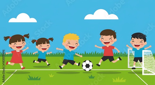 Joyful Kids Playing Soccer on Sunny Day