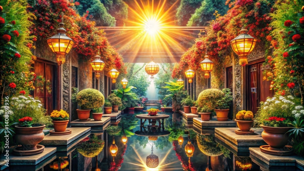 Fototapeta premium Illuminated Garden Courtyard with Reflective Pool